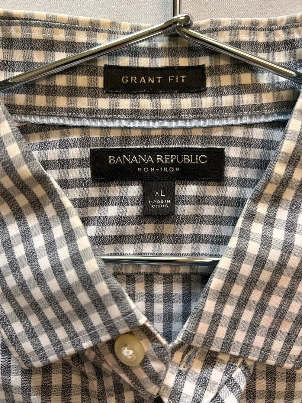 Banana Republic Grant Fit Gray Gingham Non-Iron Dress Shirt XL